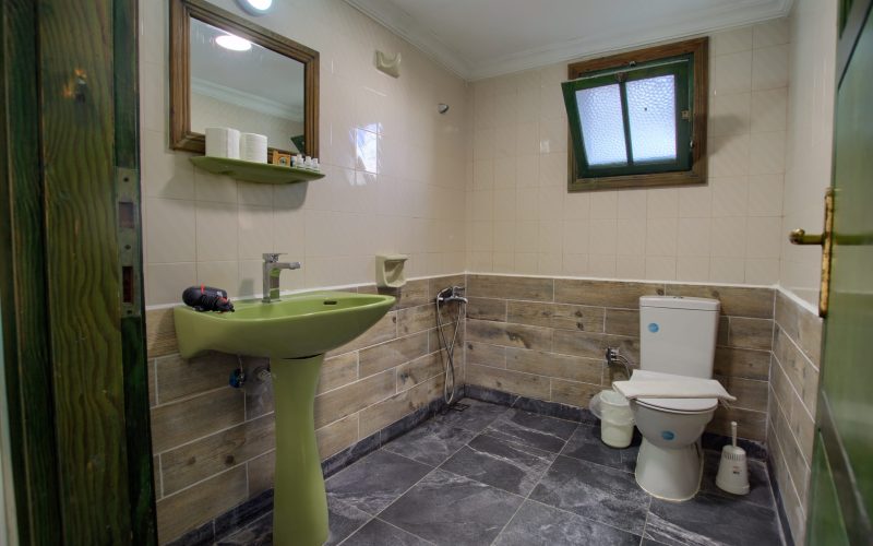 Banyo: yeşil lavabo ve ayna, ahşap görünümlü duvar karoları, klozet ve taharet musluğu, üstte küçük pencere.