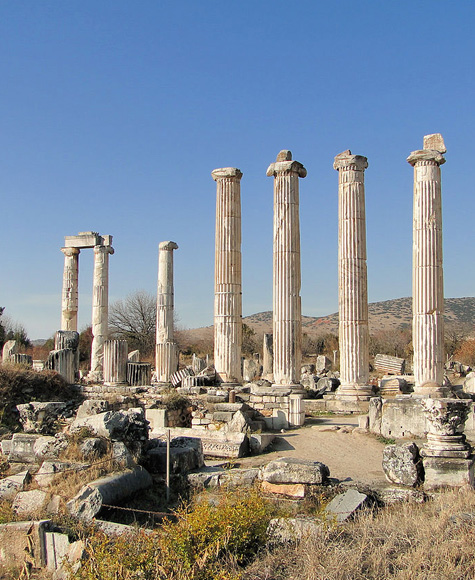 Afrodisias antik kentindeki Afrodit Tapınağı kalıntıları: ayakta kalmış oluklu mermer sütunlar ve dağınık taş bloklar, arkada tepeler.
